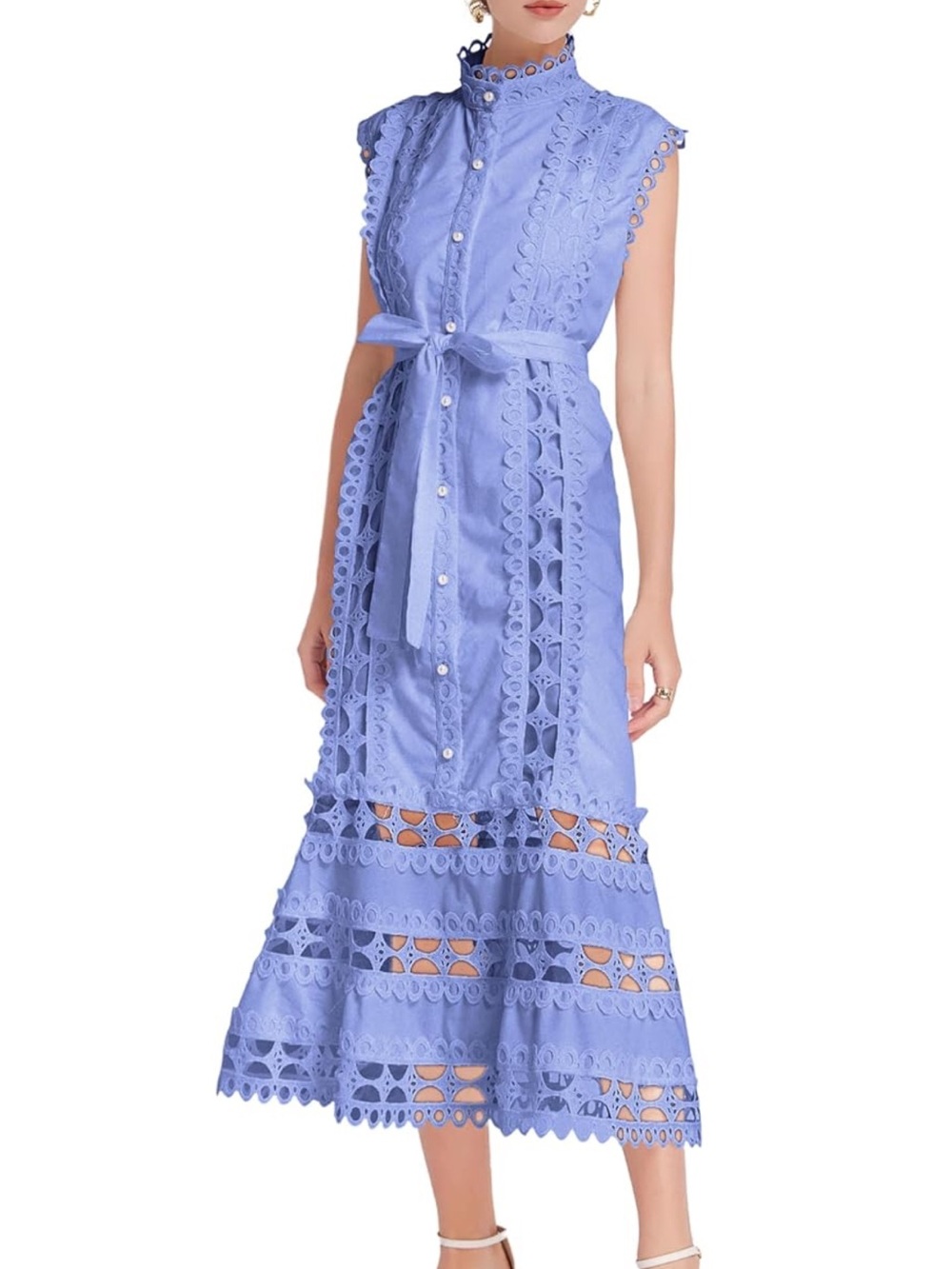 Sleeveless Eyelet Midi Dress with Self-Tie Waist — Blue